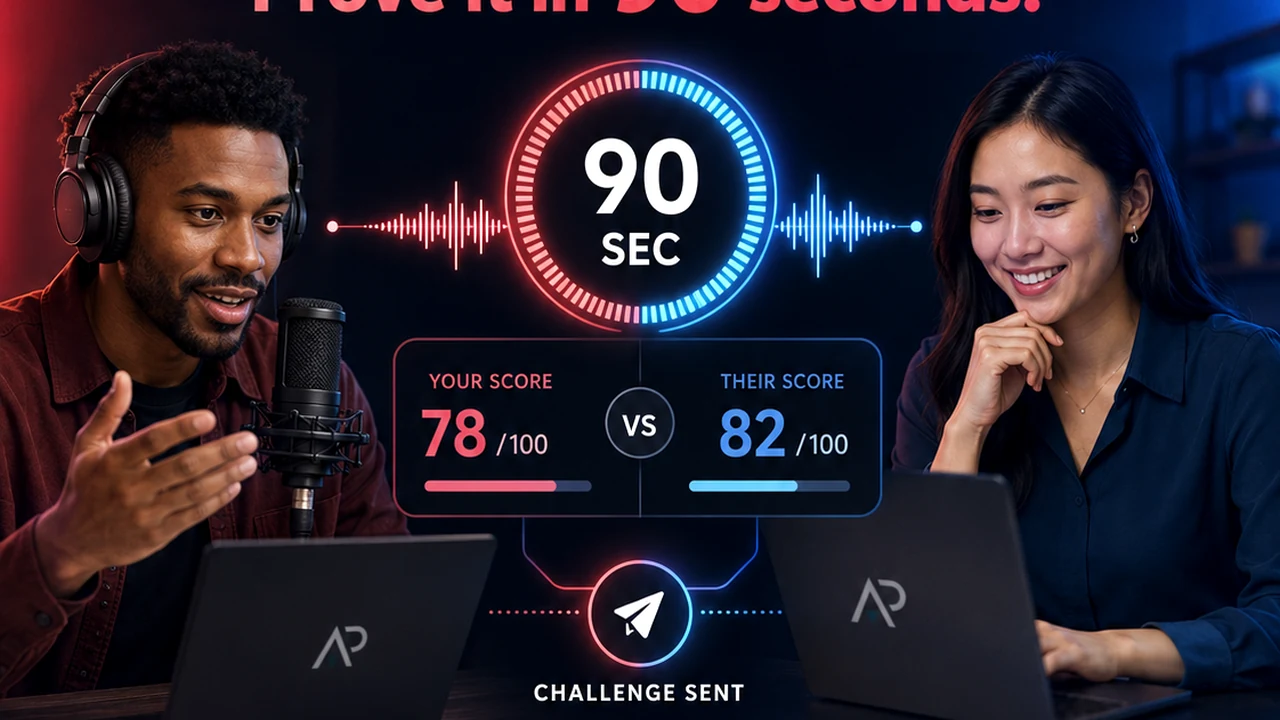 Two professionals in an AskPitch Duel with a 90-second timer and score comparison